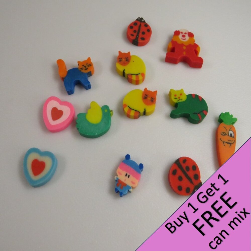 Easter Egg Filler: Small Erasers (12 items) RARE Cats, Clown etc (Self standing)